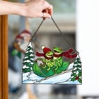 Frog Couple Sledding on a Leaf Holographic Acrylic Suncatcher