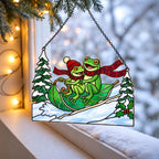 Frog Couple Sledding on a Leaf Holographic Acrylic Suncatcher