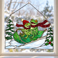 Frog Couple Sledding on a Leaf Holographic Acrylic Suncatcher