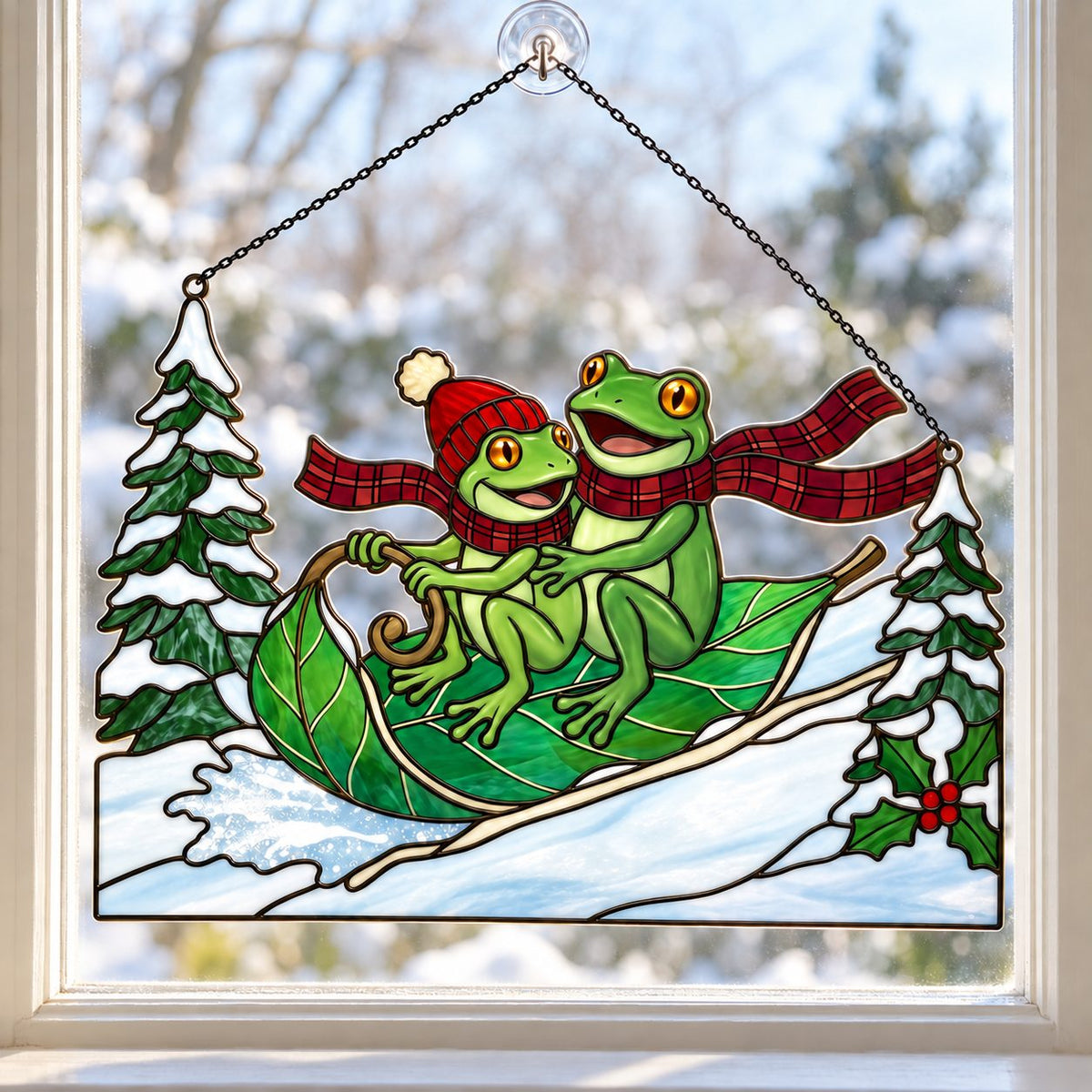Frog Couple Sledding on a Leaf Holographic Acrylic Suncatcher