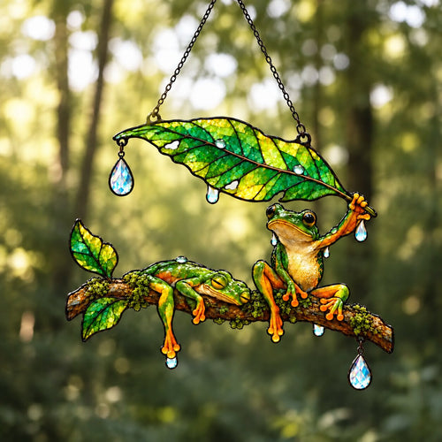 Frog Couple Sheltering Sleeping Frog with Leaf Umbrella Holographic Acrylic Suncatcher