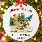 Personalized Frog Couple on a Tandem Bike Ceramic Christmas Ornament — Built for Two