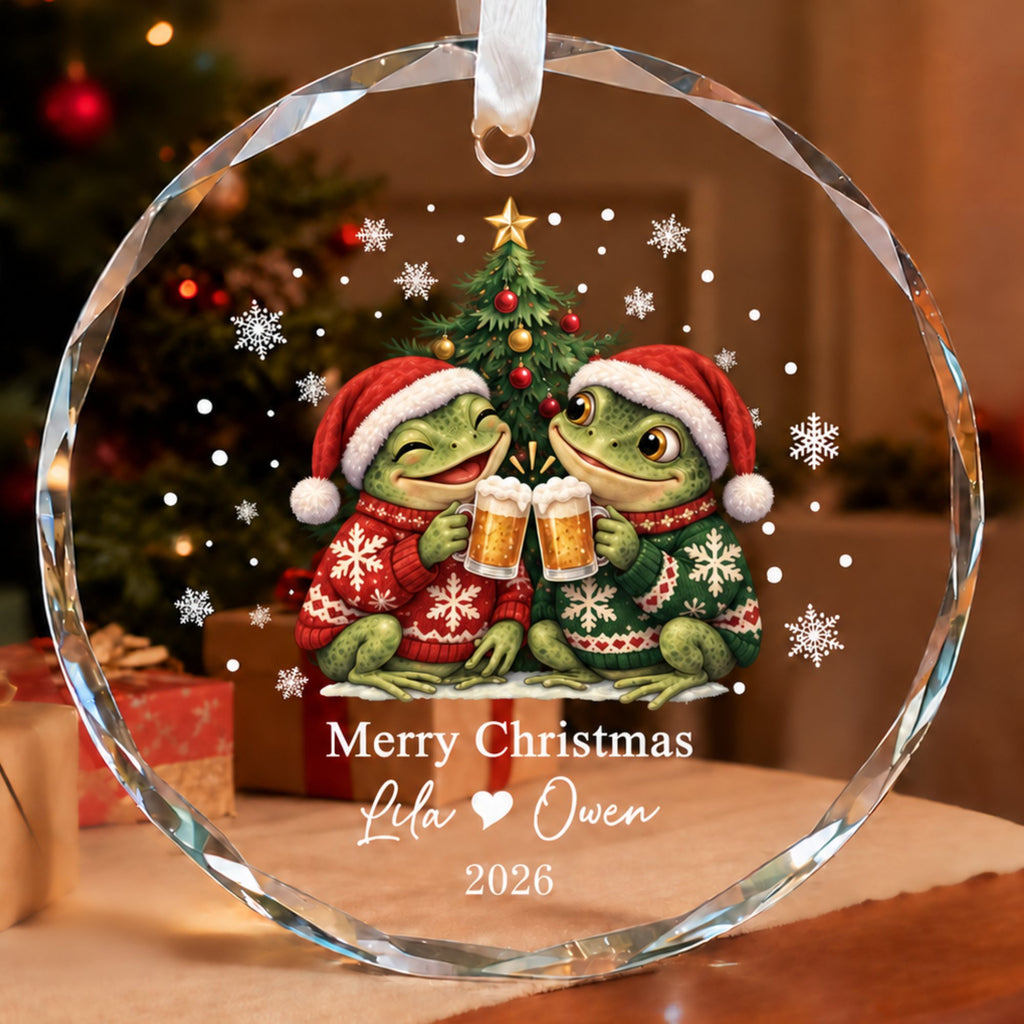 Personalized Merry Christmas Frog Couple Ugly Sweater Beer Toast Glass Ornament