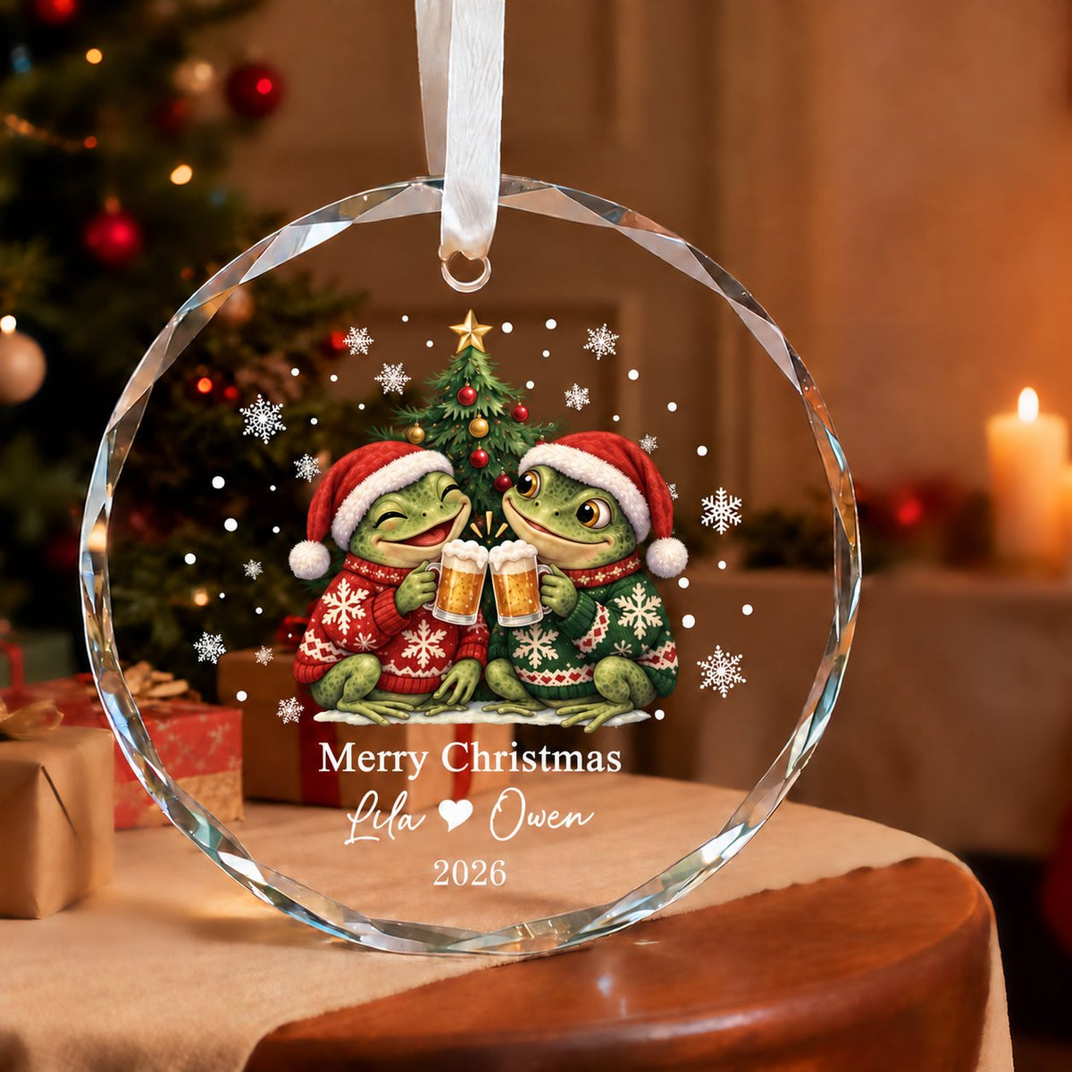 Personalized Merry Christmas Frog Couple Ugly Sweater Beer Toast Glass Ornament