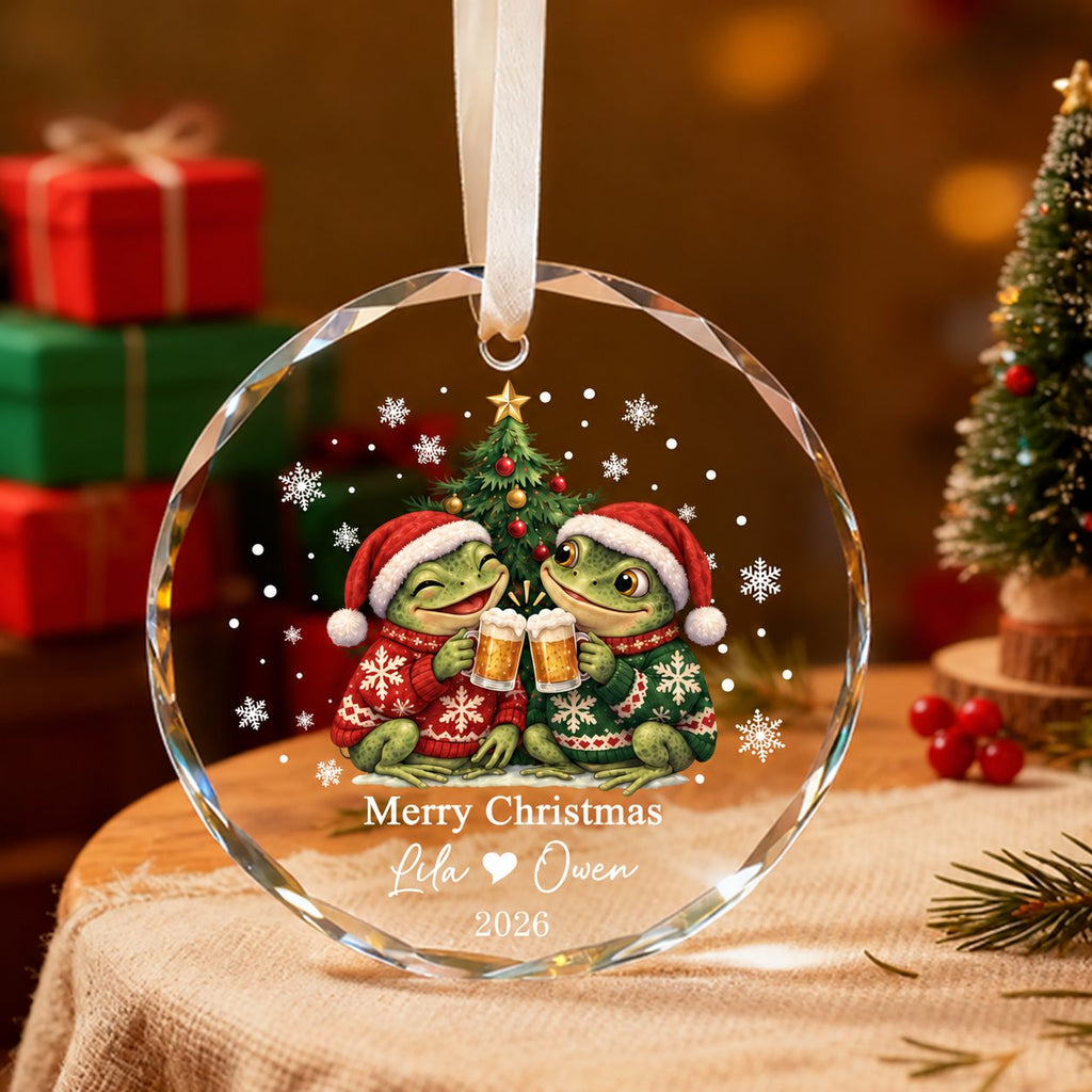 Personalized Merry Christmas Frog Couple Ugly Sweater Beer Toast Glass Ornament