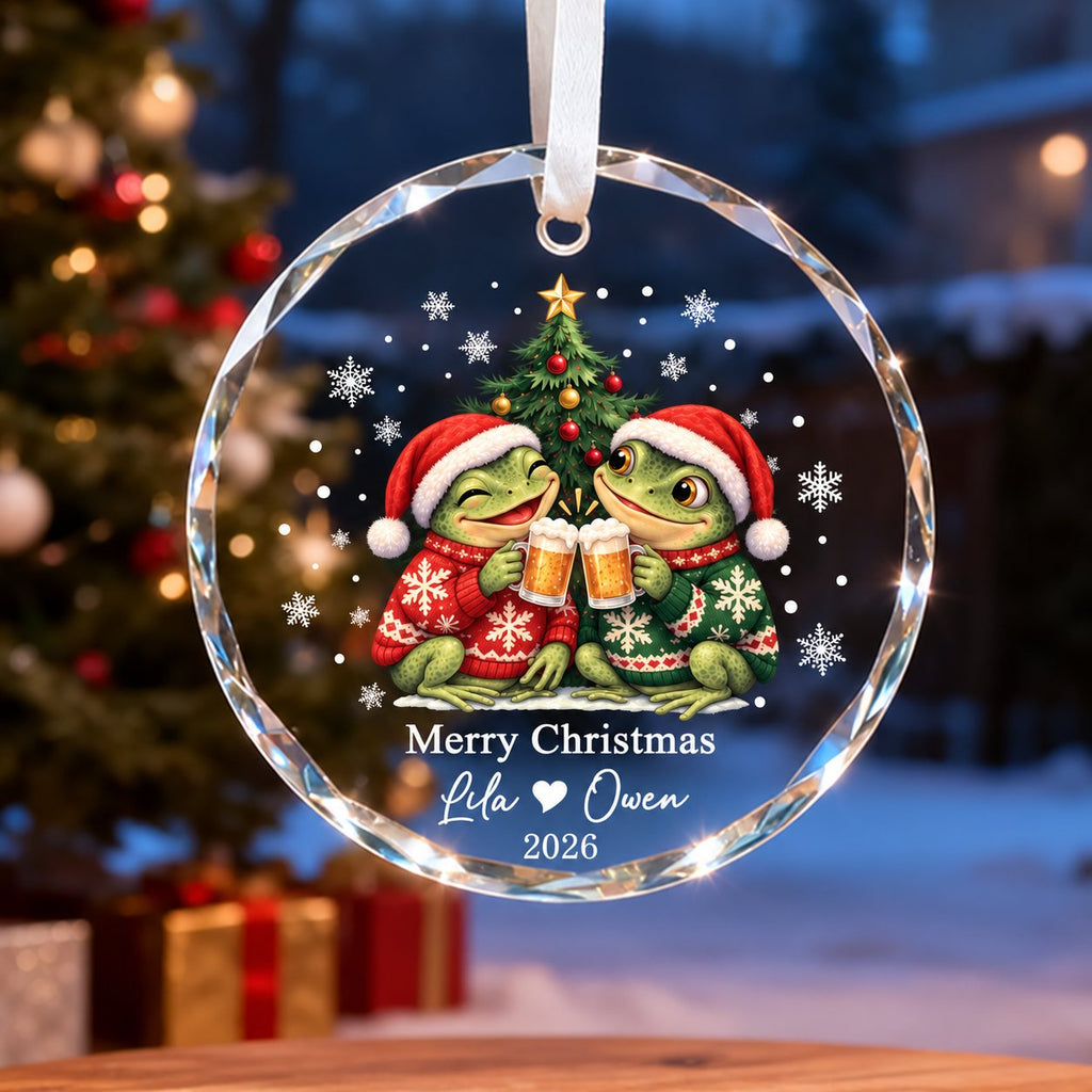Personalized Merry Christmas Frog Couple Ugly Sweater Beer Toast Glass Ornament