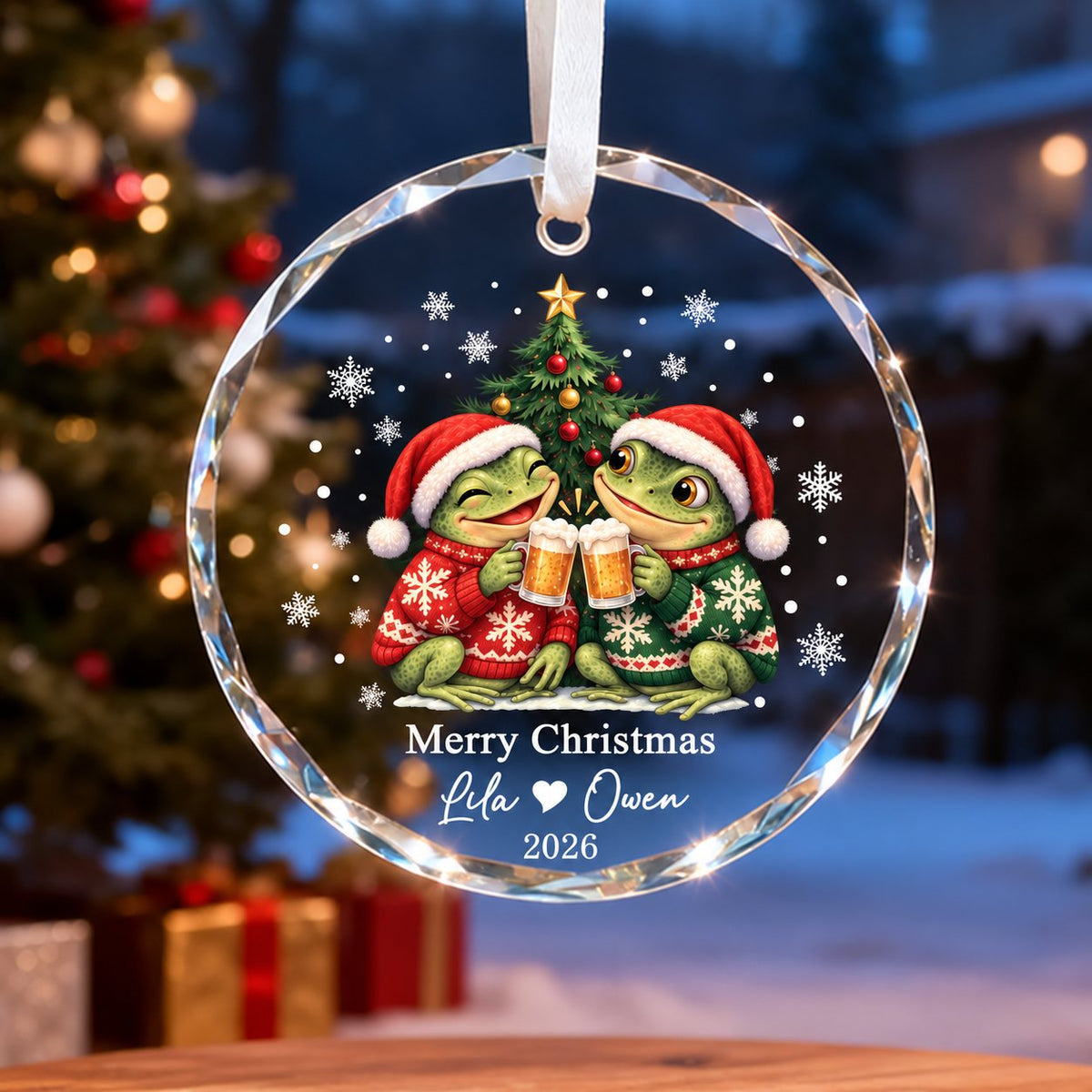 Personalized Merry Christmas Frog Couple Ugly Sweater Beer Toast Glass Ornament