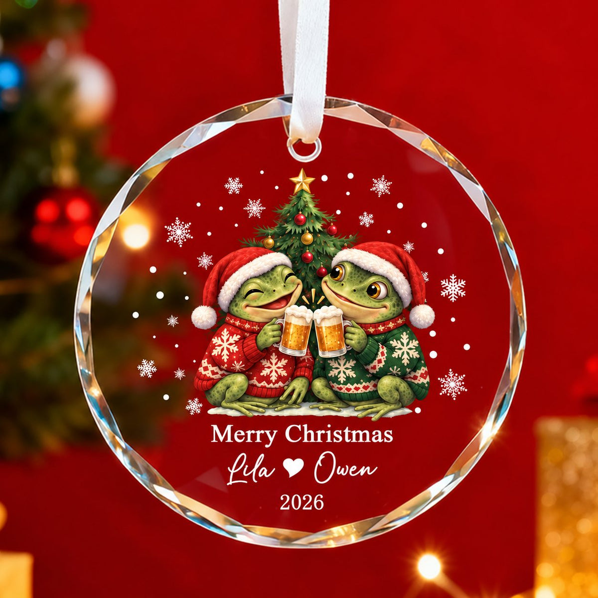Personalized Merry Christmas Frog Couple Ugly Sweater Beer Toast Glass Ornament