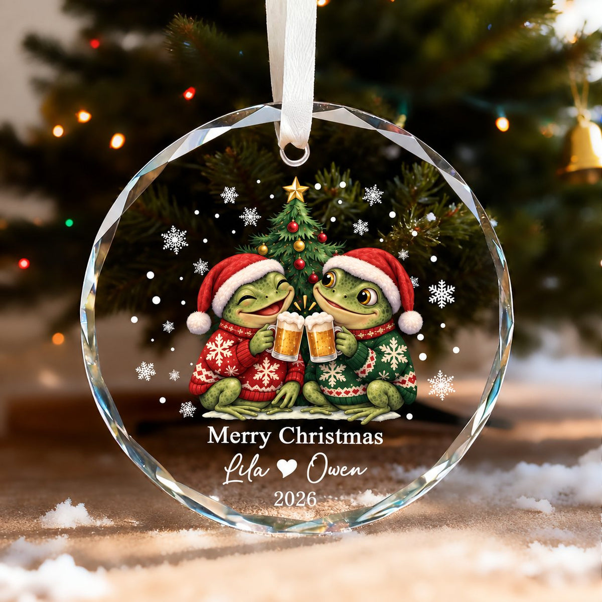 Personalized Merry Christmas Frog Couple Ugly Sweater Beer Toast Glass Ornament