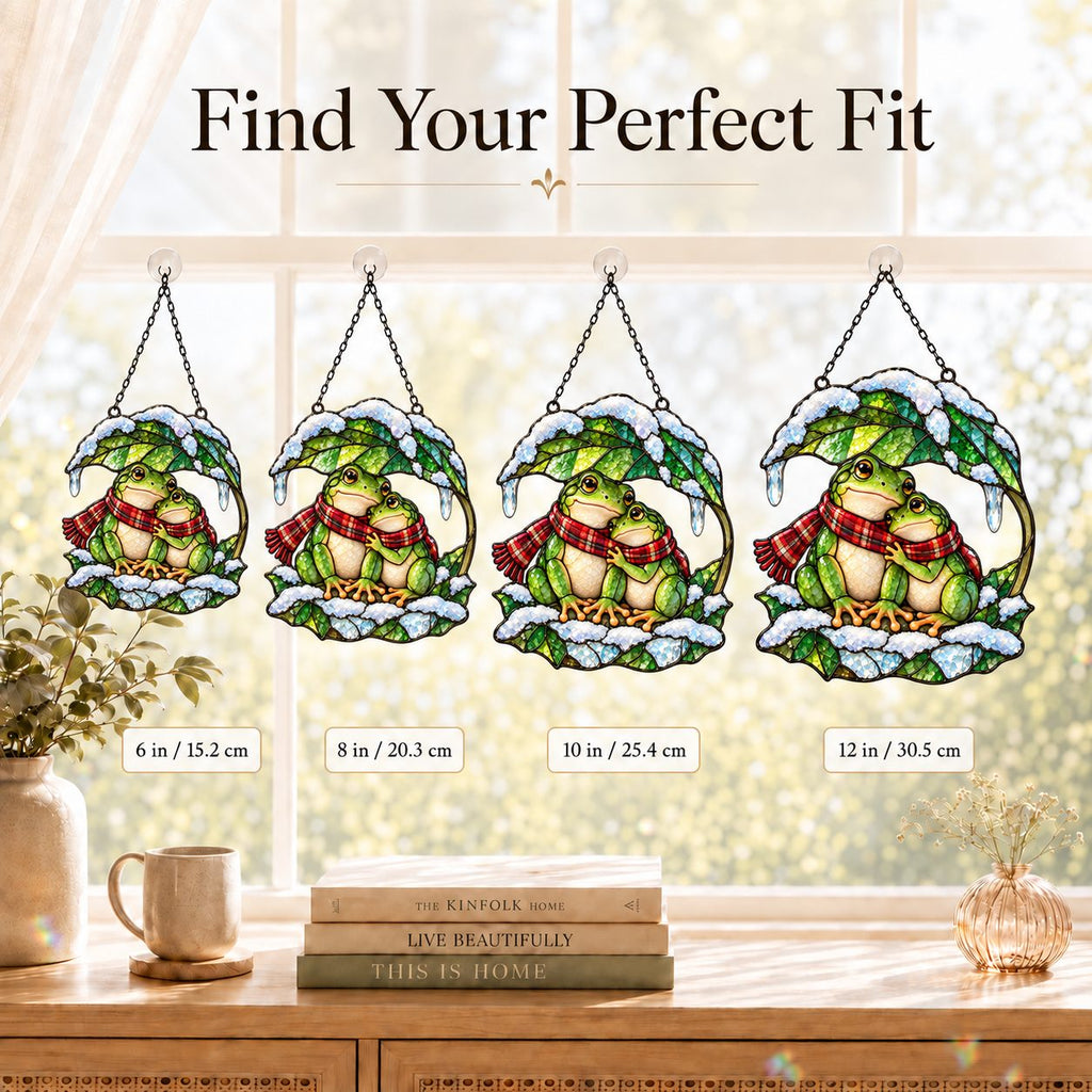 Frog Couple under a Snowy Leaf Holographic Acrylic Suncatcher