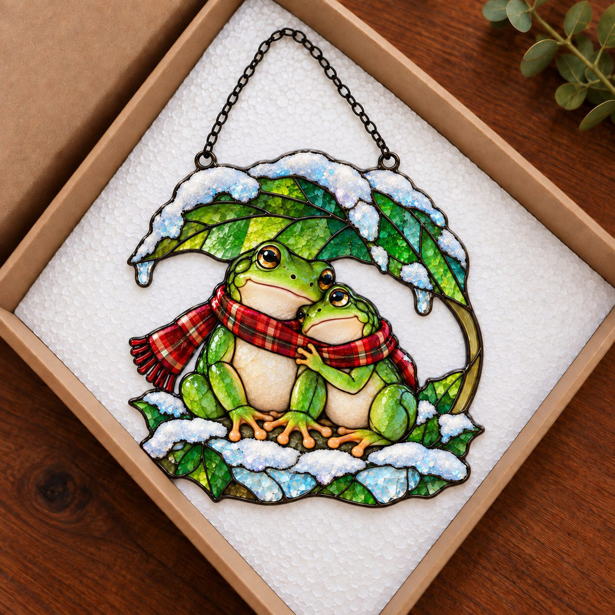 Frog Couple under a Snowy Leaf Holographic Acrylic Suncatcher