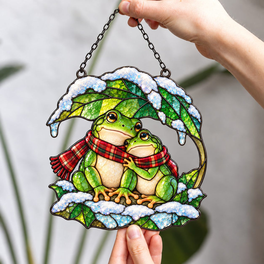 Frog Couple under a Snowy Leaf Holographic Acrylic Suncatcher