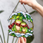 Frog Couple under a Snowy Leaf Holographic Acrylic Suncatcher