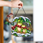 Frog Couple under a Snowy Leaf Holographic Acrylic Suncatcher