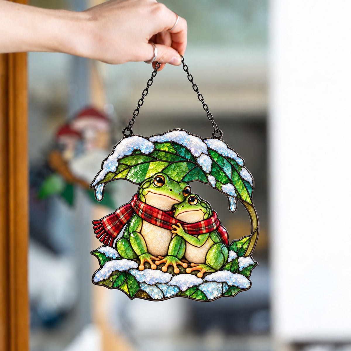 Frog Couple under a Snowy Leaf Holographic Acrylic Suncatcher