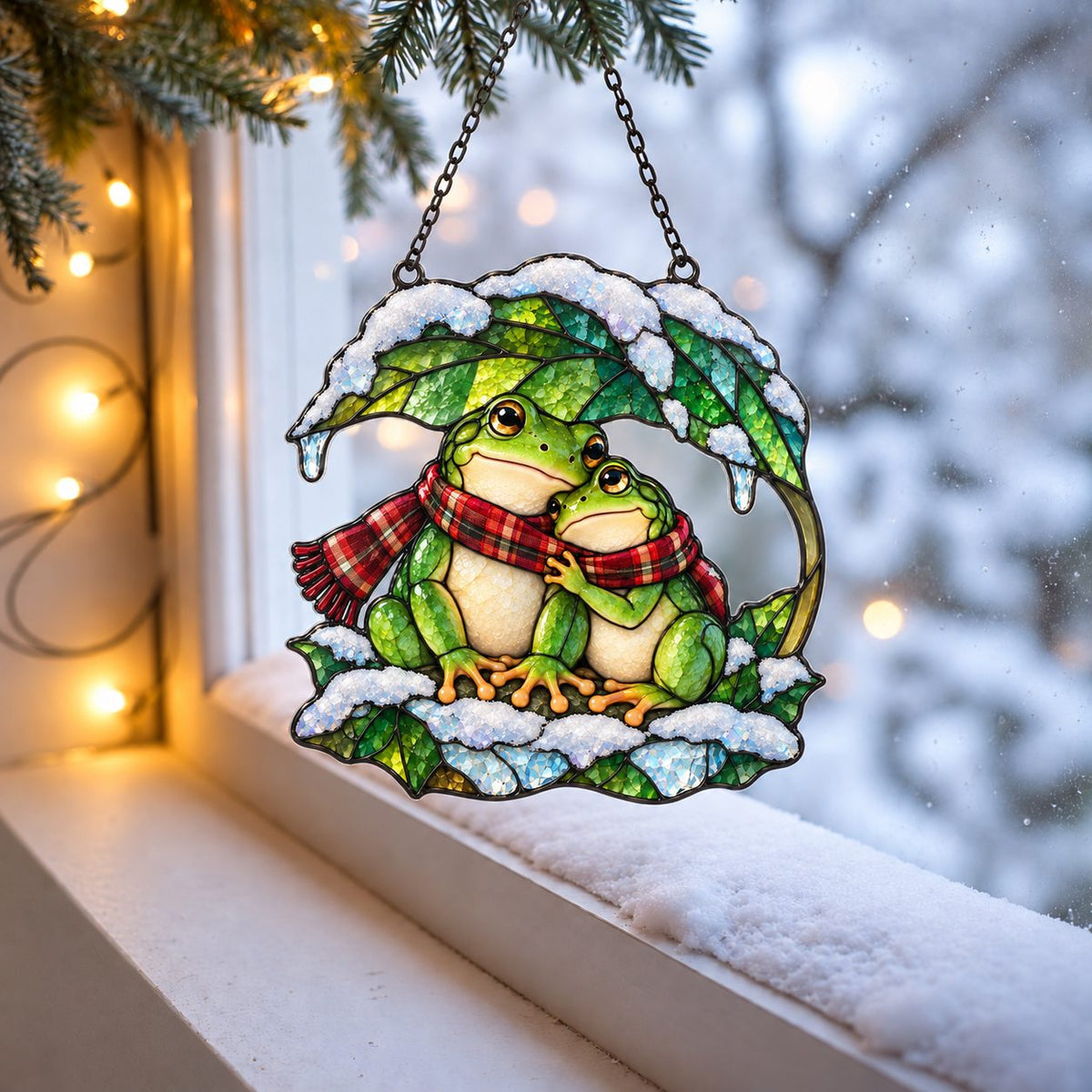 Frog Couple under a Snowy Leaf Holographic Acrylic Suncatcher