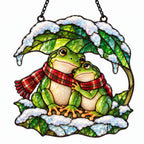 Frog Couple under a Snowy Leaf Holographic Acrylic Suncatcher