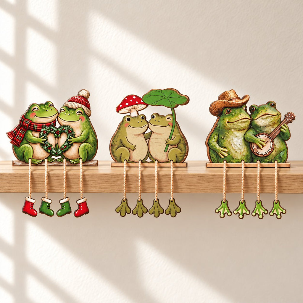 Frog Couple Wooden Shelf Sitter with Dangling Legs — Christmas Scarf & Hat, Cowboy Banjo or Mushroom Leaf Umbrella