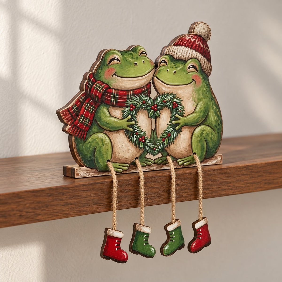 Frog Couple Wooden Shelf Sitter with Dangling Legs — Christmas Scarf & Hat, Cowboy Banjo or Mushroom Leaf Umbrella