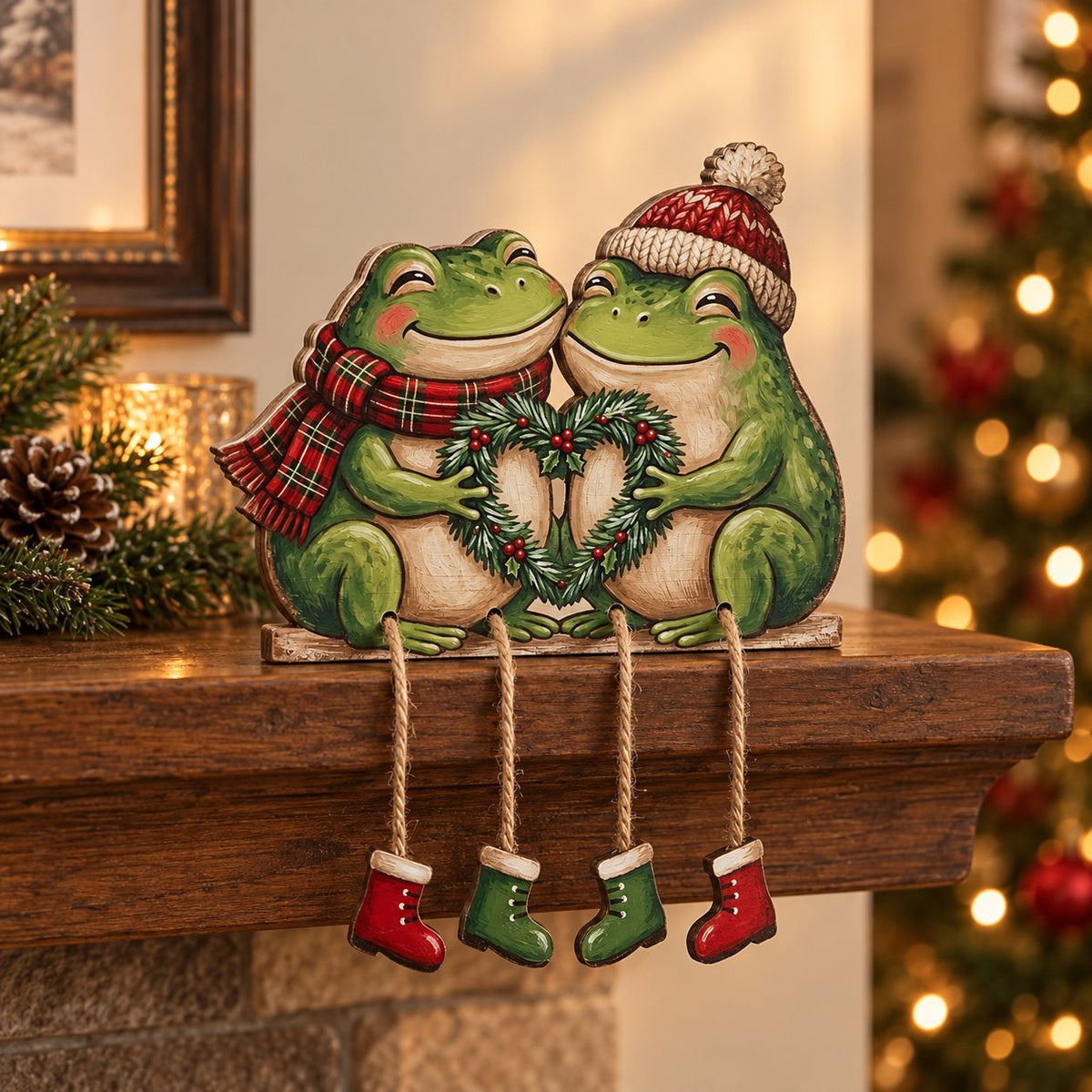 Frog Couple Wooden Shelf Sitter with Dangling Legs — Christmas Scarf & Hat, Cowboy Banjo or Mushroom Leaf Umbrella
