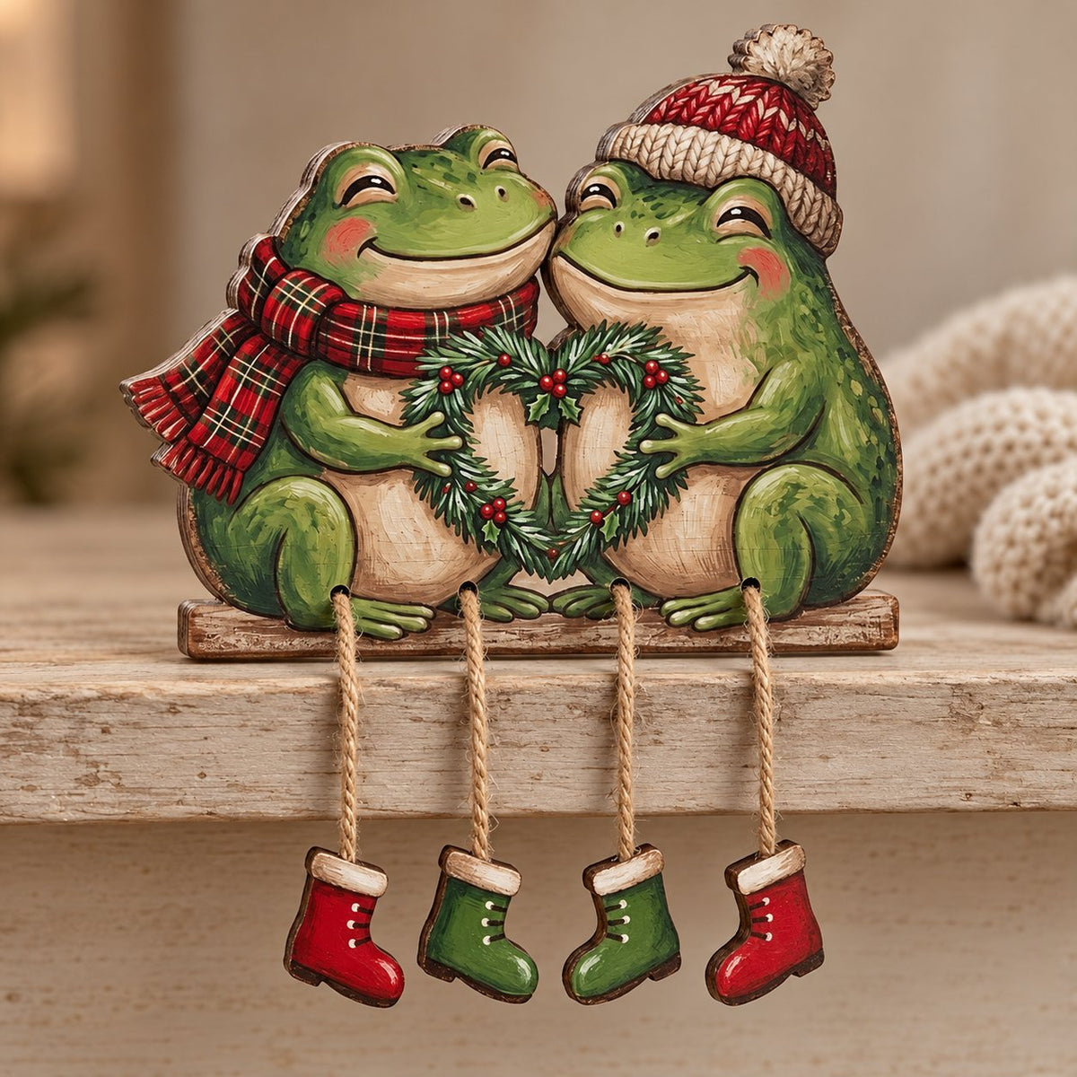 Frog Couple Wooden Shelf Sitter with Dangling Legs — Christmas Scarf & Hat, Cowboy Banjo or Mushroom Leaf Umbrella