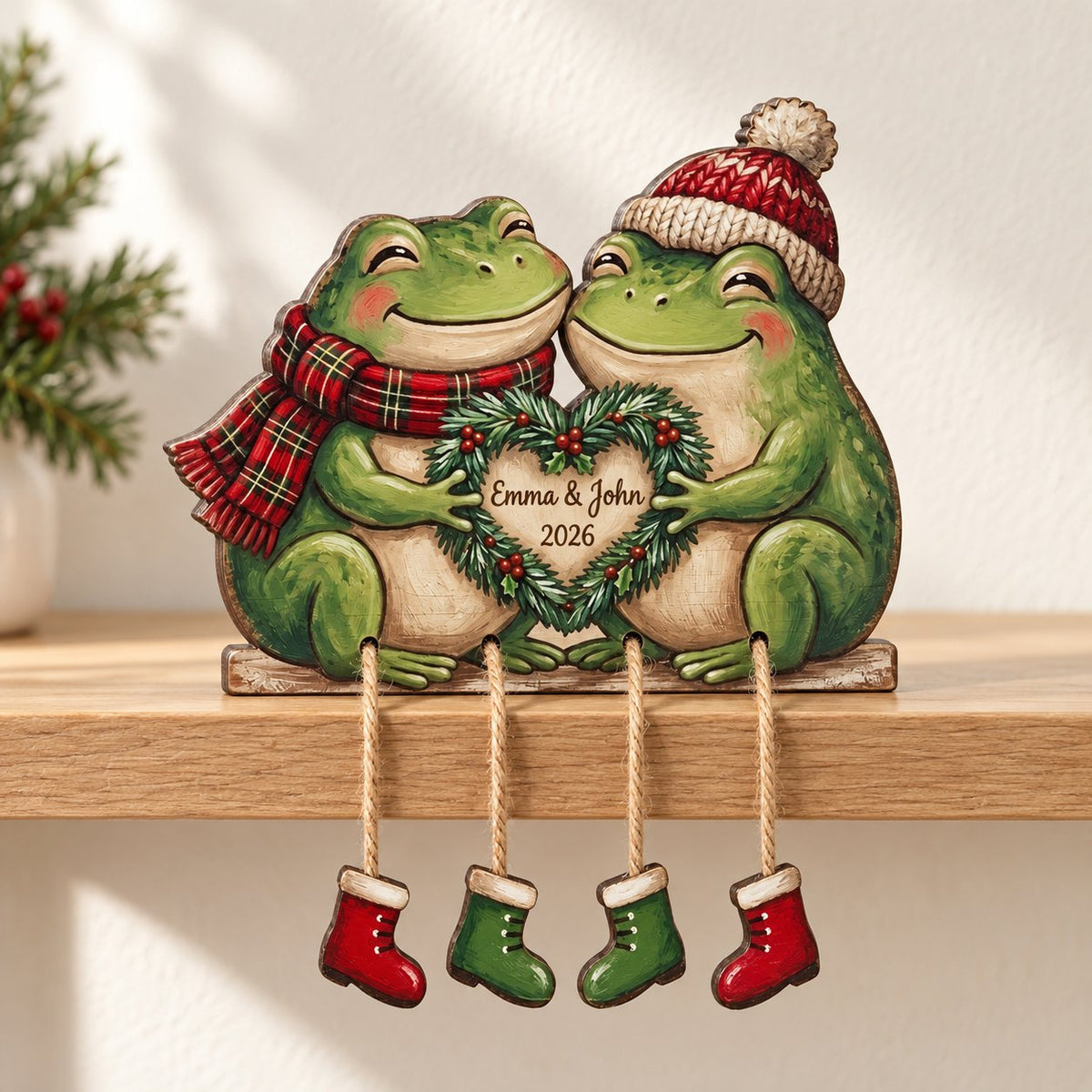Frog Couple Wooden Shelf Sitter with Dangling Legs — Christmas Scarf & Hat, Cowboy Banjo or Mushroom Leaf Umbrella
