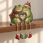 Frog Couple Wooden Shelf Sitter with Dangling Legs — Christmas Scarf & Hat, Cowboy Banjo or Mushroom Leaf Umbrella