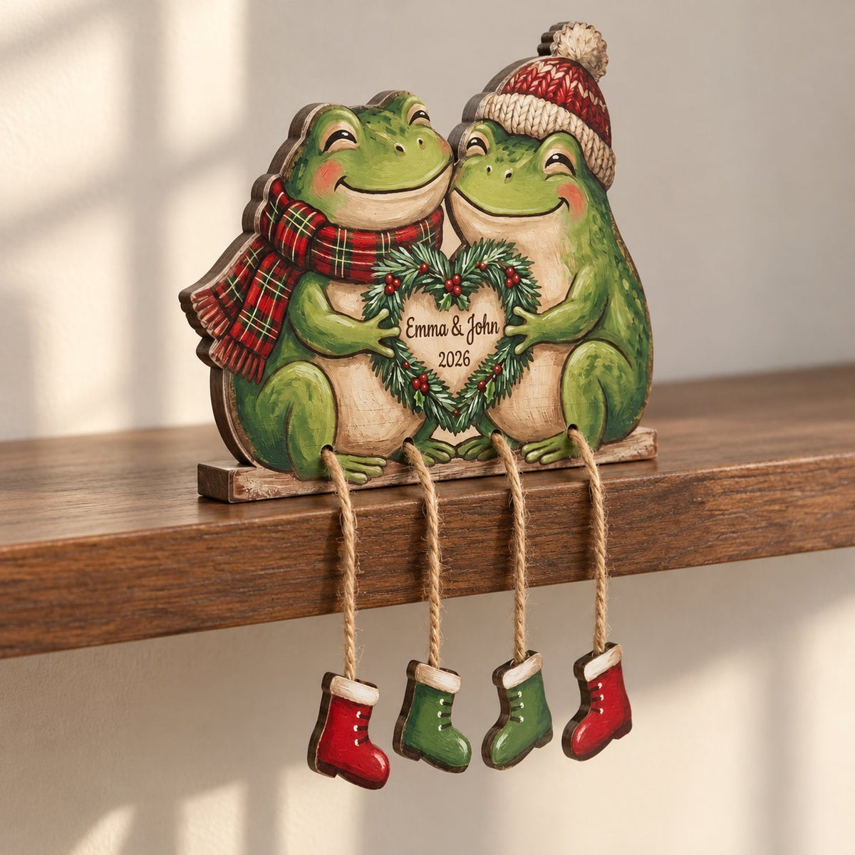 Frog Couple Wooden Shelf Sitter with Dangling Legs — Christmas Scarf & Hat, Cowboy Banjo or Mushroom Leaf Umbrella