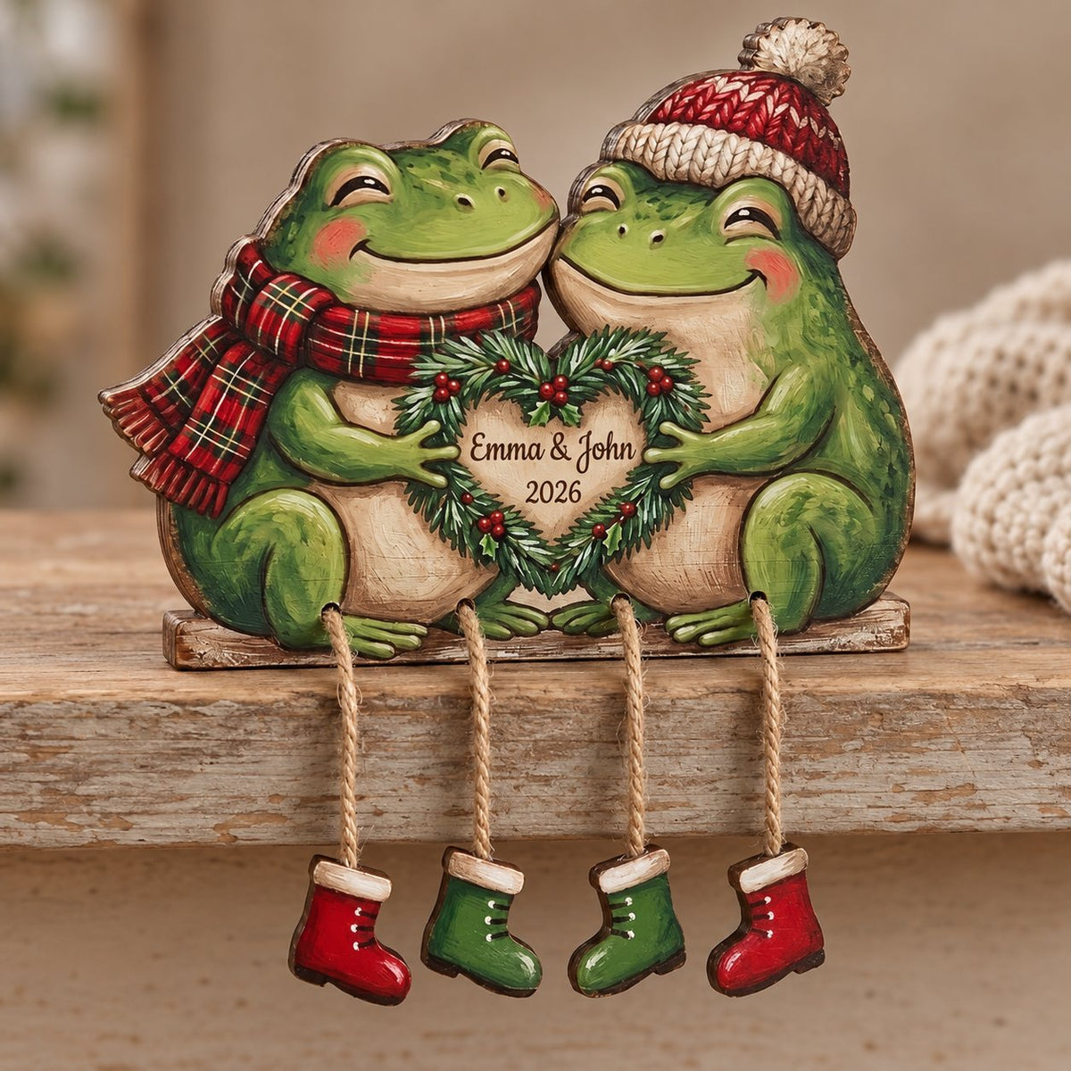 Frog Couple Wooden Shelf Sitter with Dangling Legs — Christmas Scarf & Hat, Cowboy Banjo or Mushroom Leaf Umbrella
