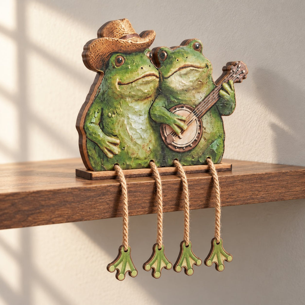 Frog Couple Wooden Shelf Sitter with Dangling Legs — Christmas Scarf & Hat, Cowboy Banjo or Mushroom Leaf Umbrella