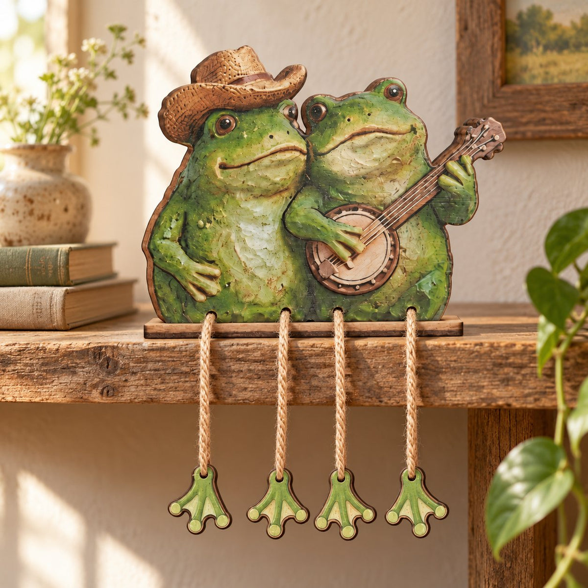 Frog Couple Wooden Shelf Sitter with Dangling Legs — Christmas Scarf & Hat, Cowboy Banjo or Mushroom Leaf Umbrella
