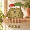 Frog Couple Wooden Shelf Sitter with Dangling Legs — Christmas Scarf & Hat, Cowboy Banjo or Mushroom Leaf Umbrella