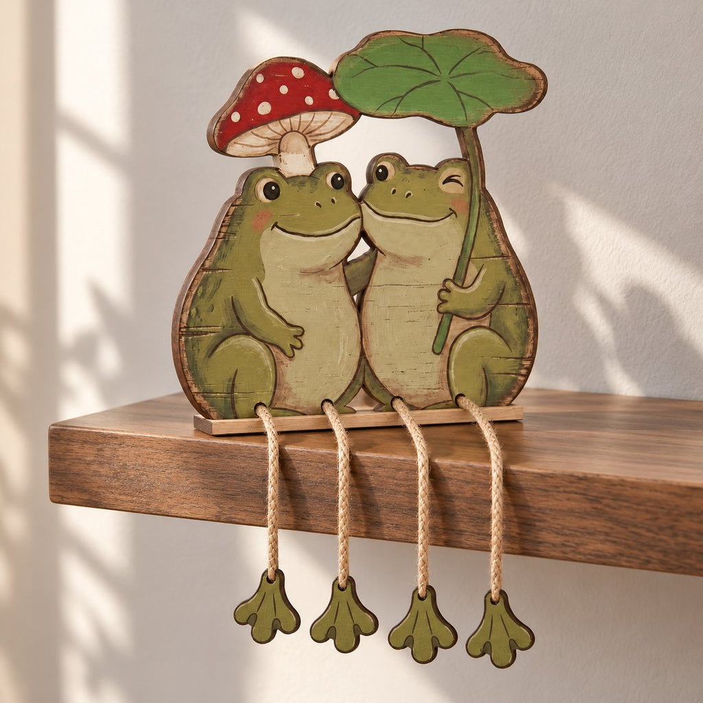 Frog Couple Wooden Shelf Sitter with Dangling Legs — Christmas Scarf & Hat, Cowboy Banjo or Mushroom Leaf Umbrella