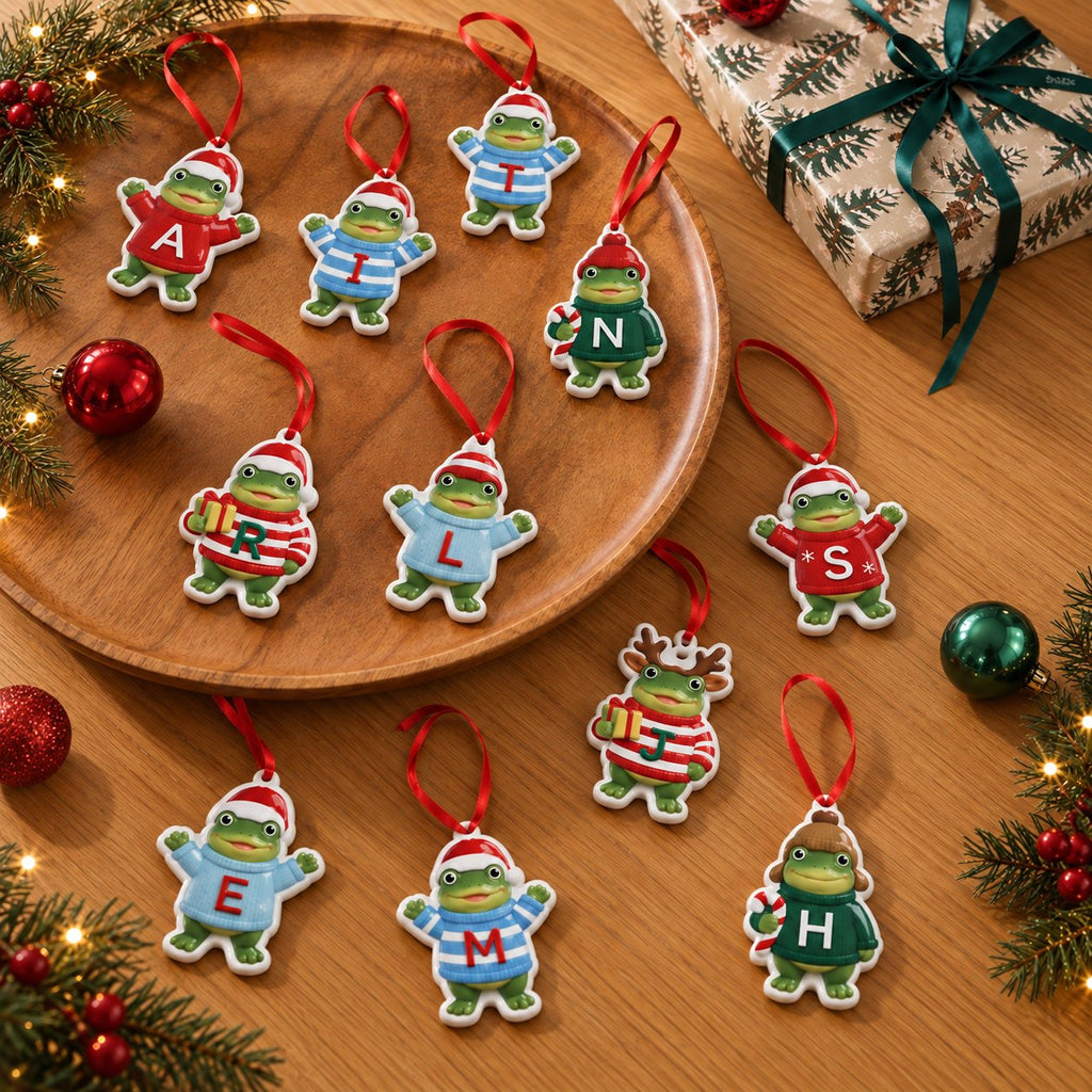 Frog Initial Ceramic Christmas Ornament — Letter Sweater Frog in a Santa Hat, A to W, Single or Build Your Own Set