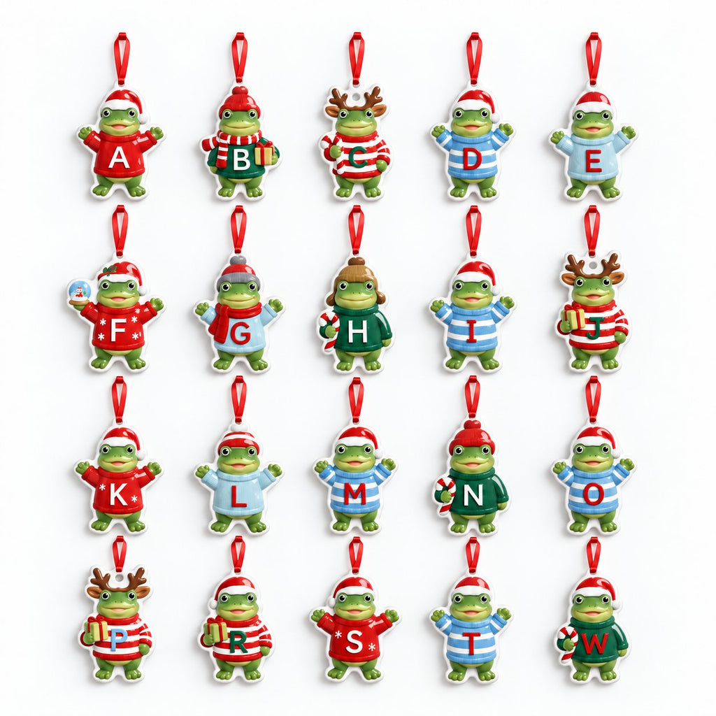 Frog Initial Ceramic Christmas Ornament — Letter Sweater Frog in a Santa Hat, A to W, Single or Build Your Own Set