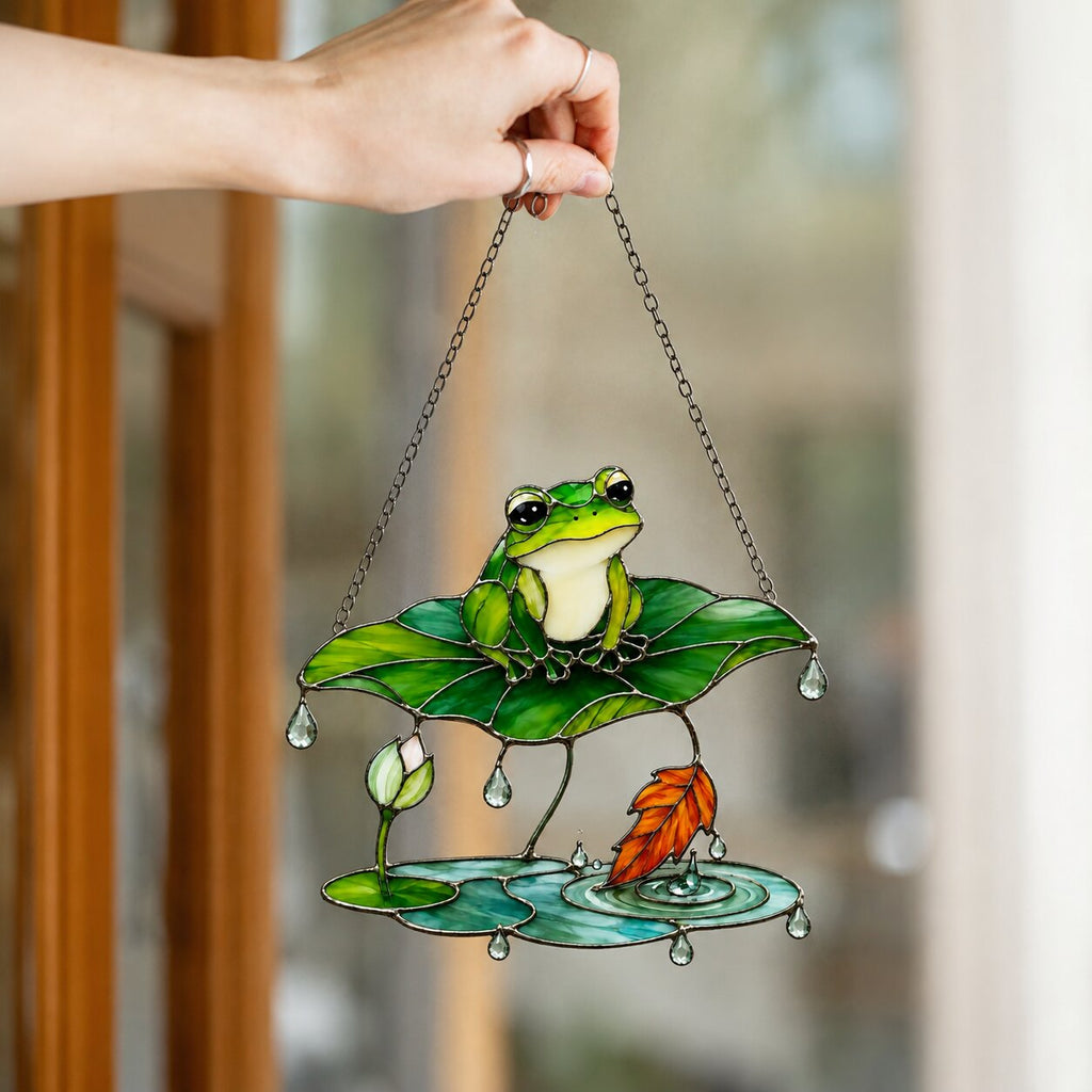Frog Under Lotus Leaf Umbrella Holographic Acrylic Suncatcher