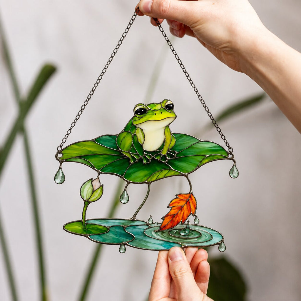 Frog Under Lotus Leaf Umbrella Holographic Acrylic Suncatcher
