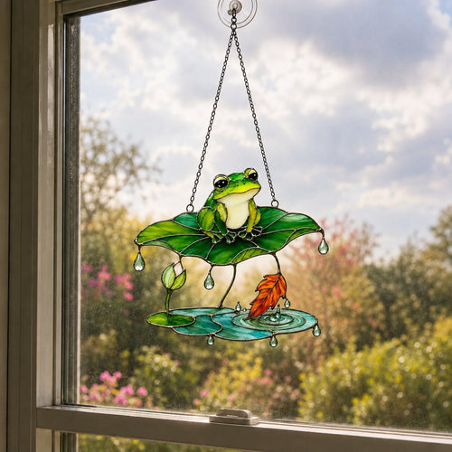 Frog Under Lotus Leaf Umbrella Holographic Acrylic Suncatcher