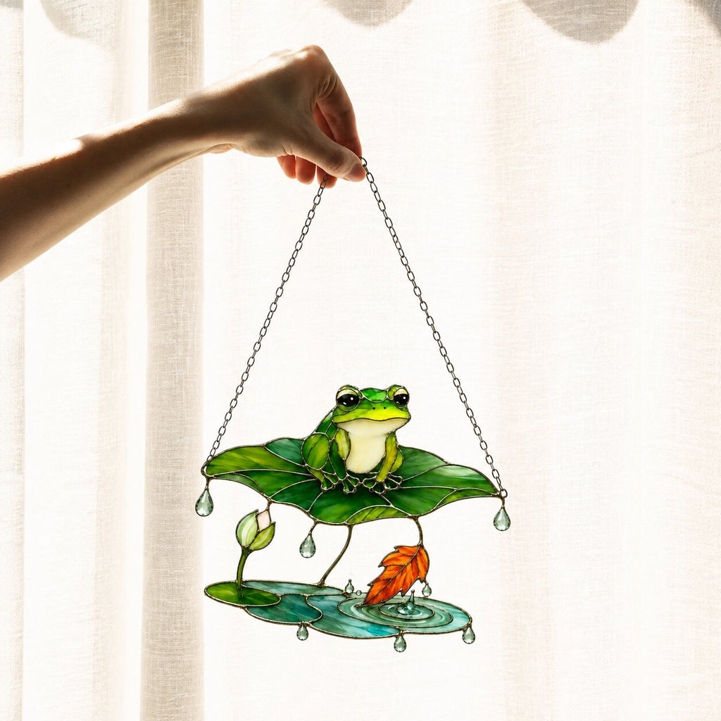 Frog Under Lotus Leaf Umbrella Holographic Acrylic Suncatcher