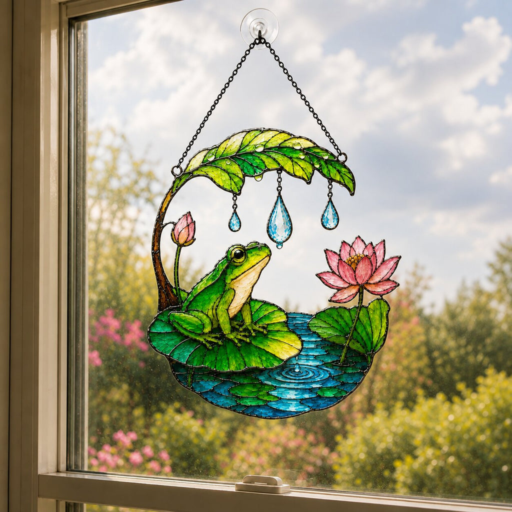 Frog on Lotus Pond & Leaf Umbrella Holographic Acrylic Suncatcher