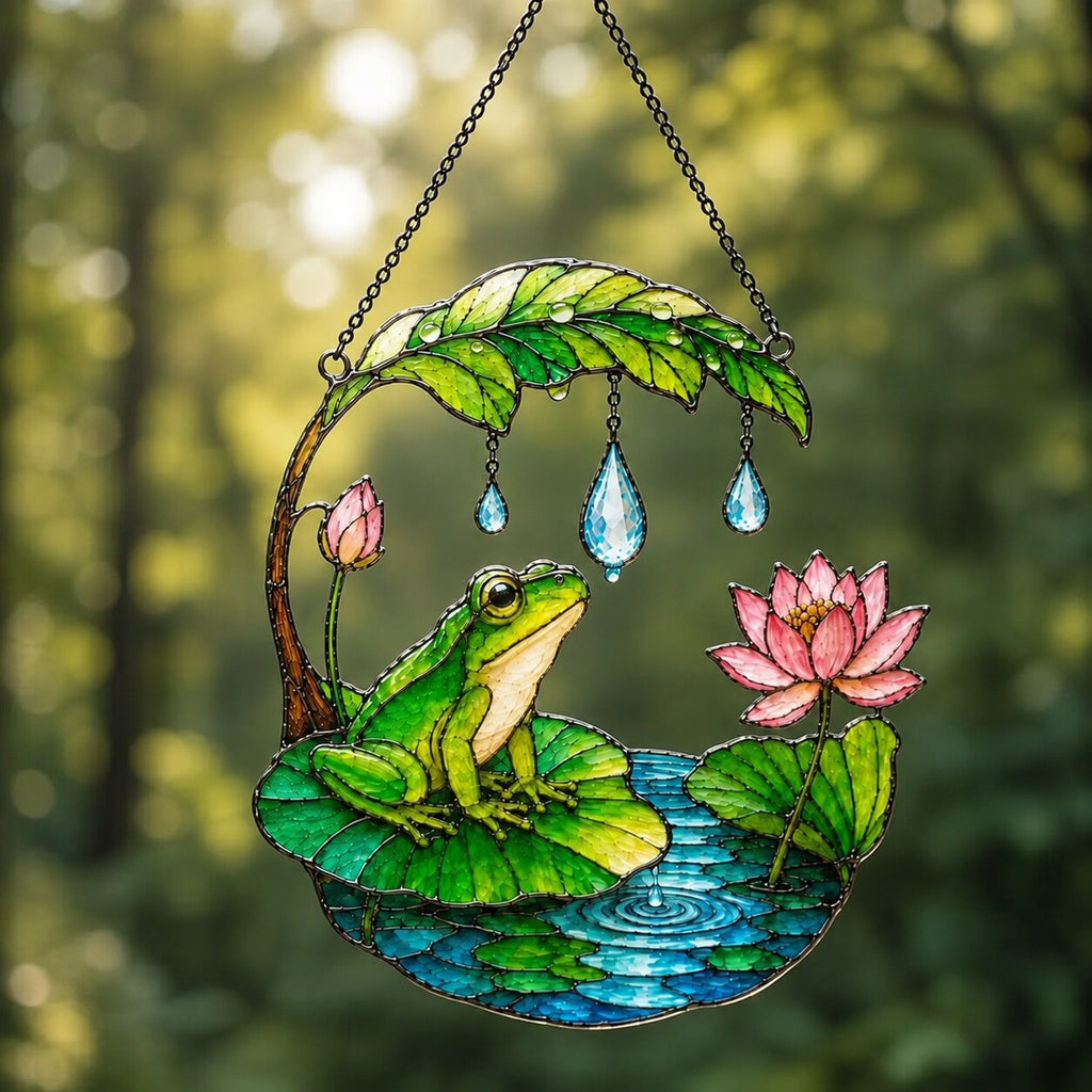 Frog on Lotus Pond & Leaf Umbrella Holographic Acrylic Suncatcher