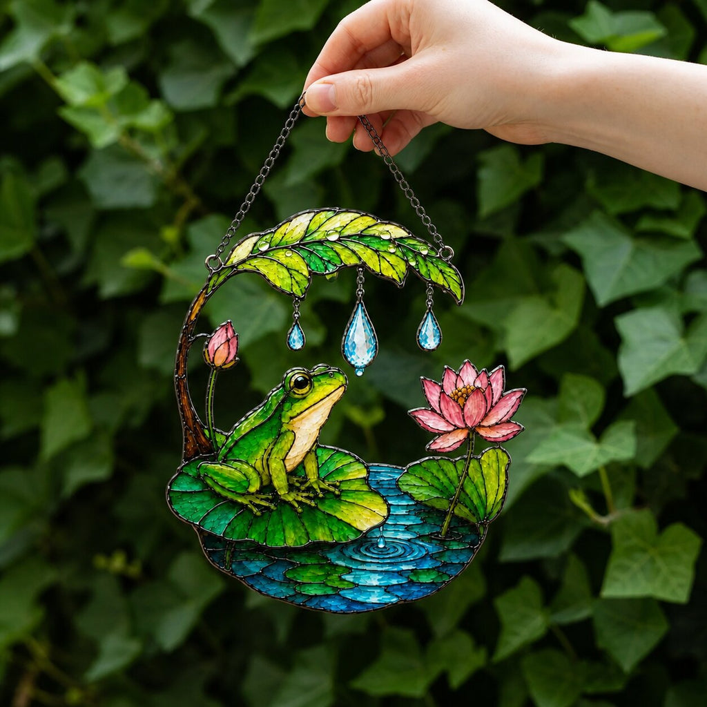 Frog on Lotus Pond & Leaf Umbrella Holographic Acrylic Suncatcher