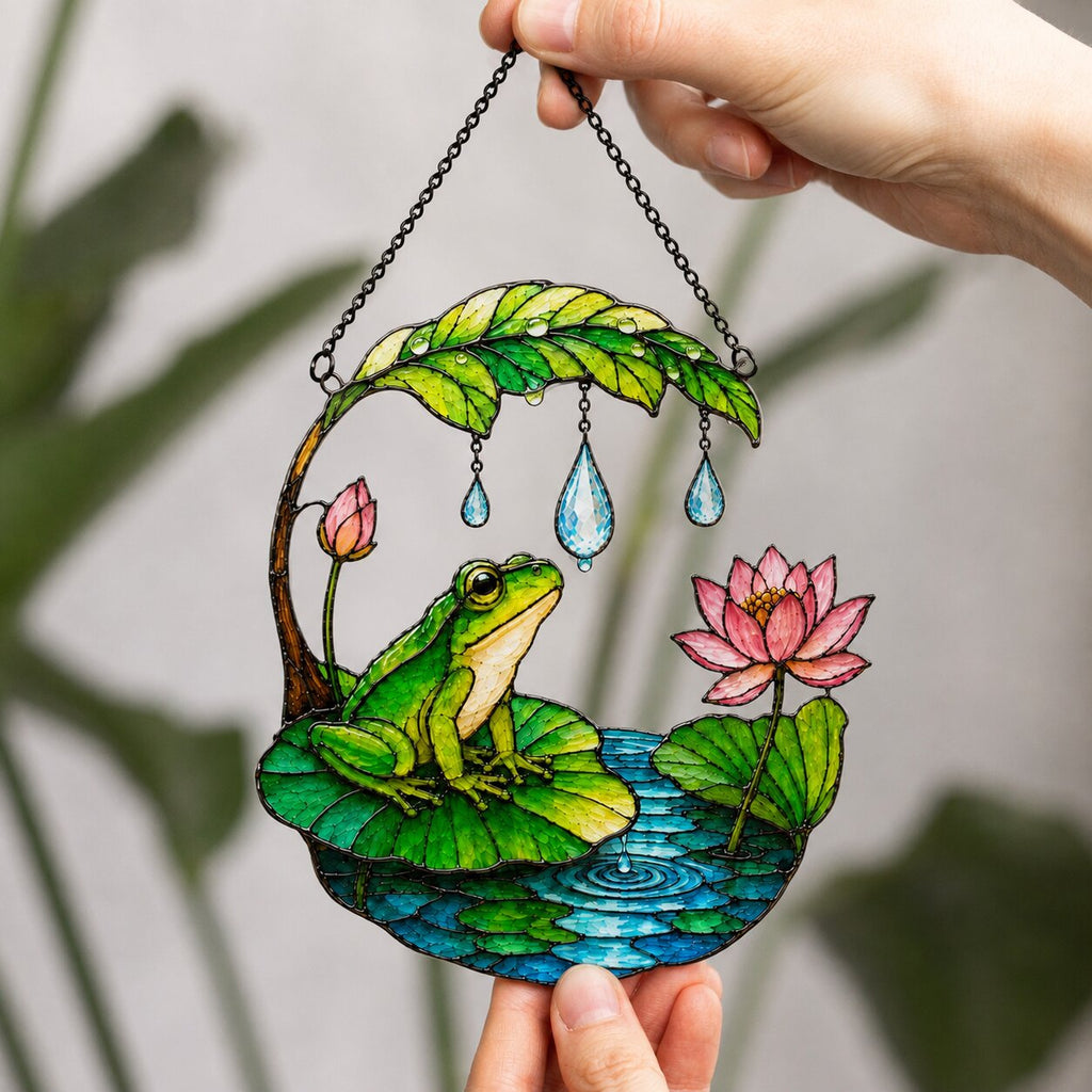 Frog on Lotus Pond & Leaf Umbrella Holographic Acrylic Suncatcher