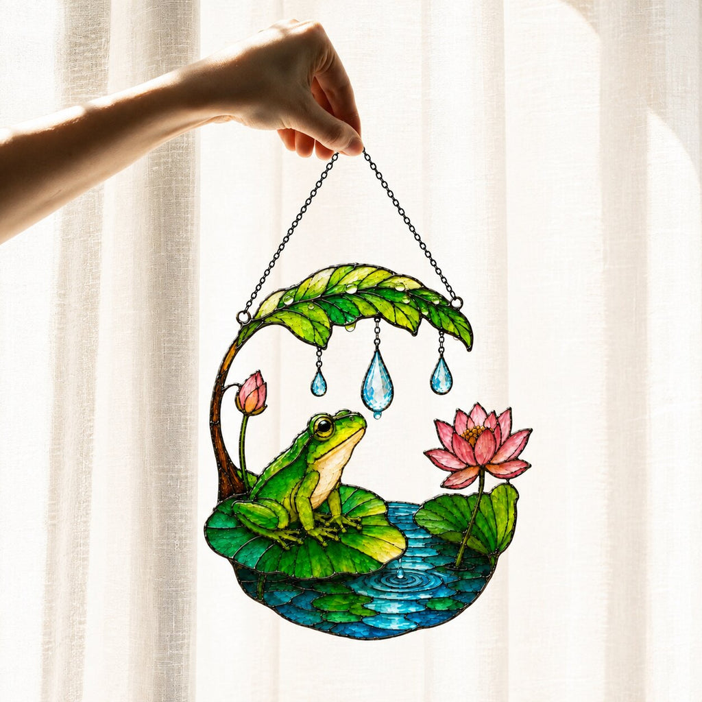Frog on Lotus Pond & Leaf Umbrella Holographic Acrylic Suncatcher