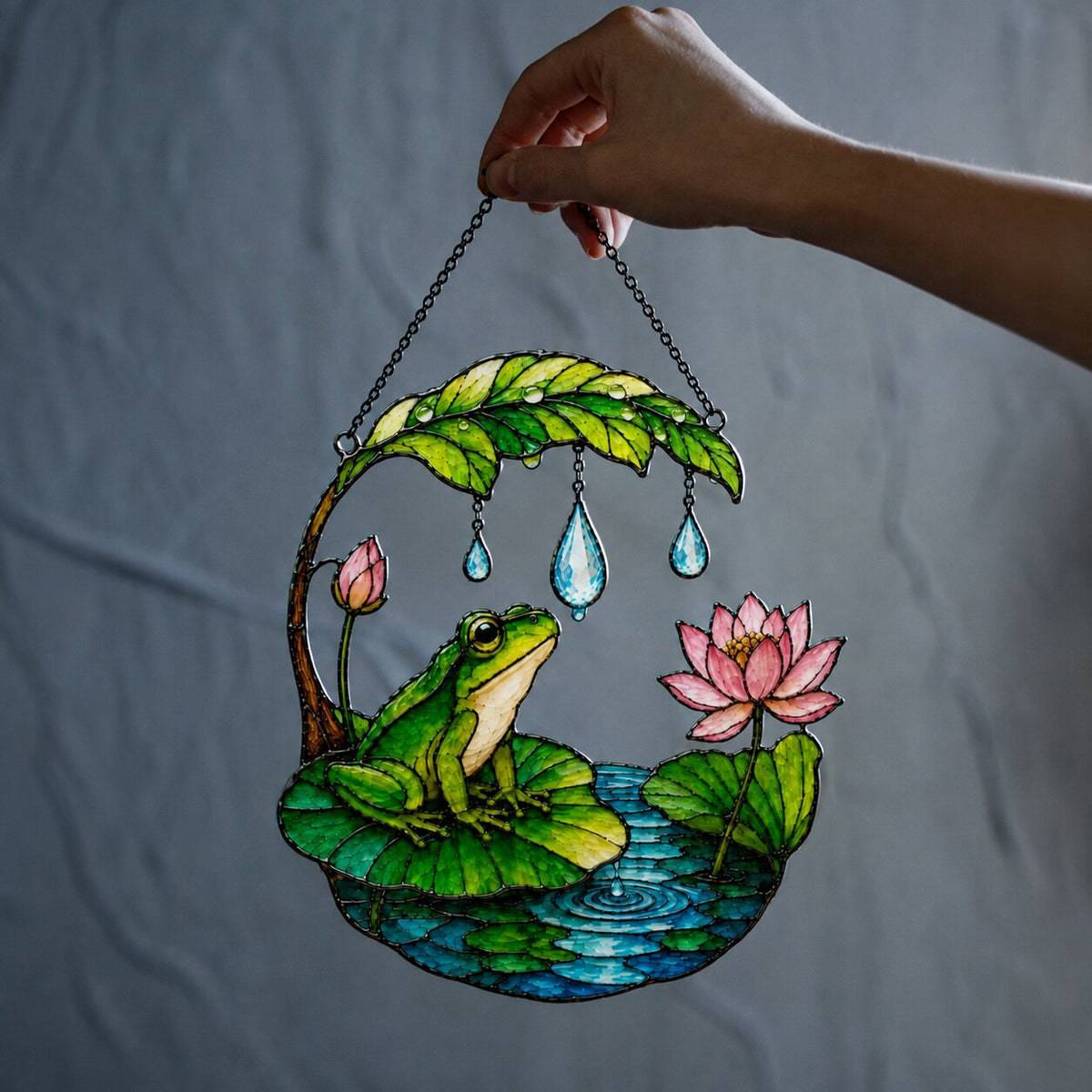 Frog on Lotus Pond & Leaf Umbrella Holographic Acrylic Suncatcher