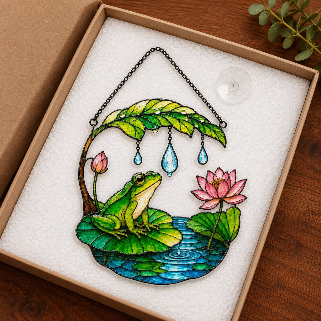 Frog on Lotus Pond & Leaf Umbrella Holographic Acrylic Suncatcher