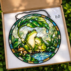 Couple Frog Under a Leaf Umbrella by the Pond Stained Glass Suncatcher