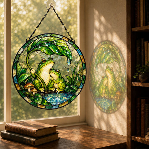 Couple Frog Under a Leaf Umbrella by the Pond Stained Glass Suncatcher