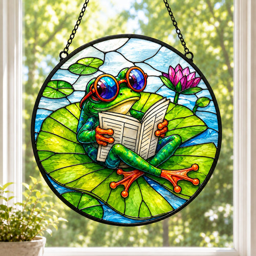 Frog Reading the Paper on a Lily Pad Stained Glass Suncatcher