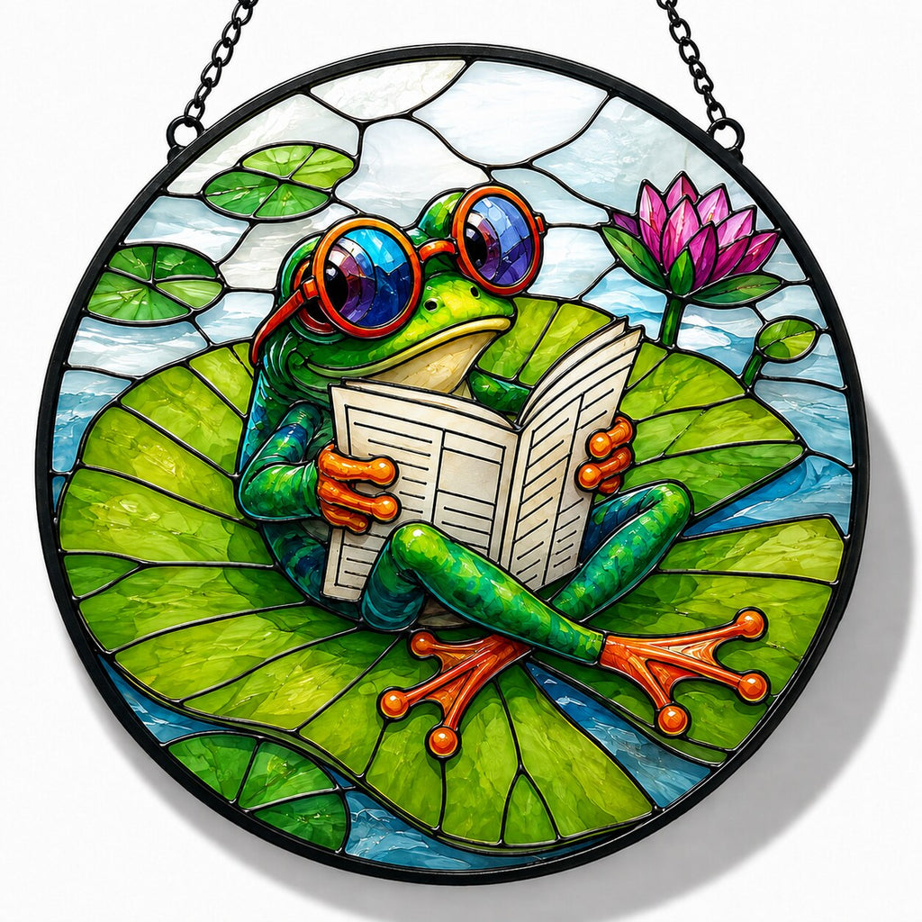 Frog Reading the Paper on a Lily Pad Stained Glass Suncatcher